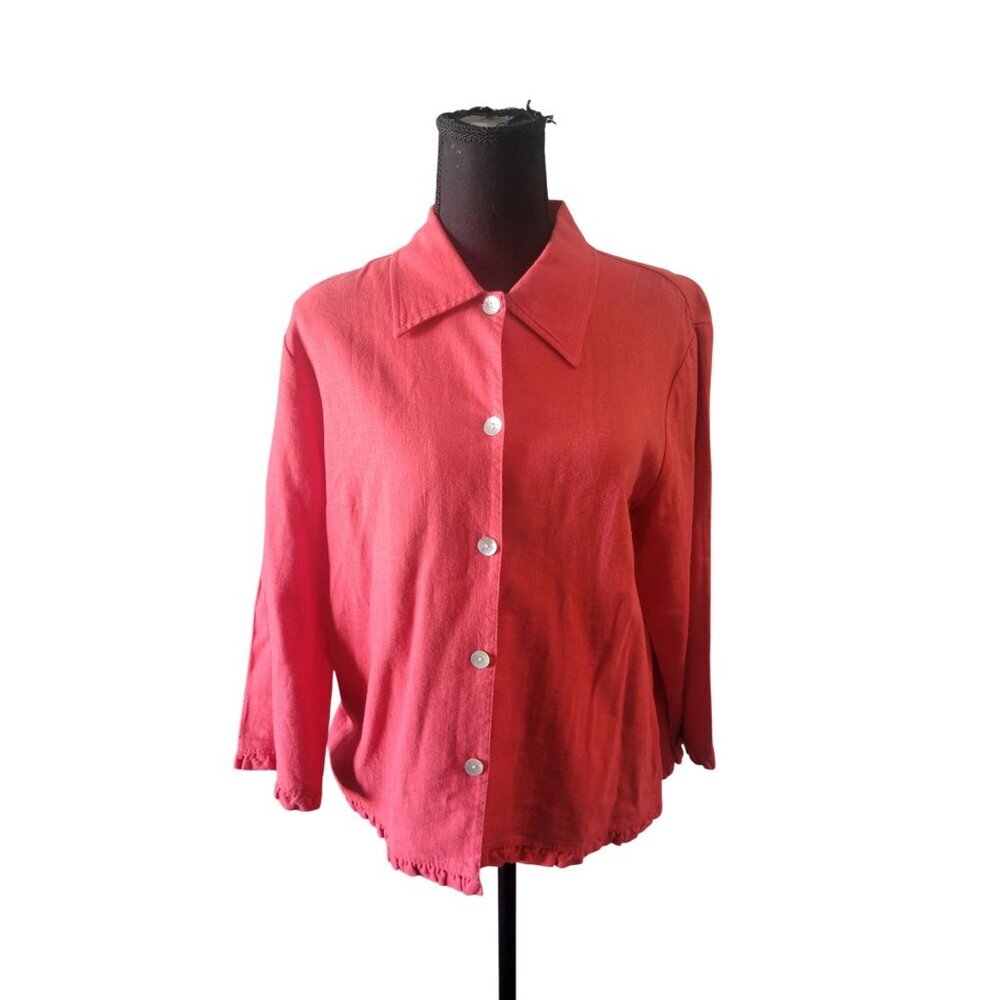 Pine Cove Red Linen 3/4 Sleeve Pearl Button Scallop Hem Line Size 12 City Chic - Picture 2 of 12